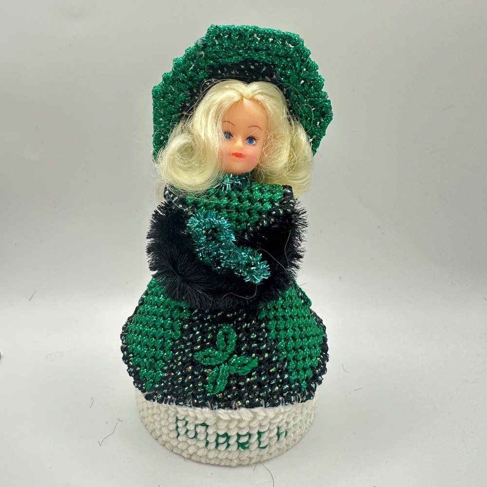 Vintage Plastic Canvas March Birth Month Doll Green Black Handmade Kitsch 6.5"